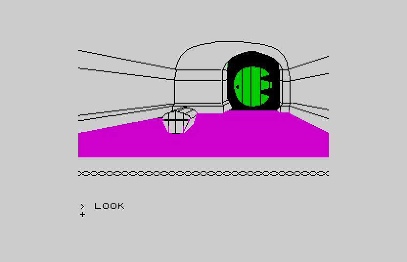 The Hobbit on the Atari ST in ZX Spectrum mode: location 1, a comfortable tunnel-like hall — a line-drawn perspective of the round green door and hall with a wooden chest on a magenta floor, the room text and command console below.
