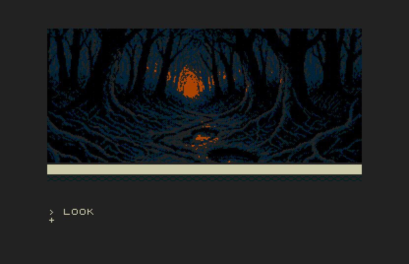 The same forest path on the Atari ST in 16-bit art mode: a dark, atmospheric full-colour scene of gnarled trees with firelight glowing through them ahead.