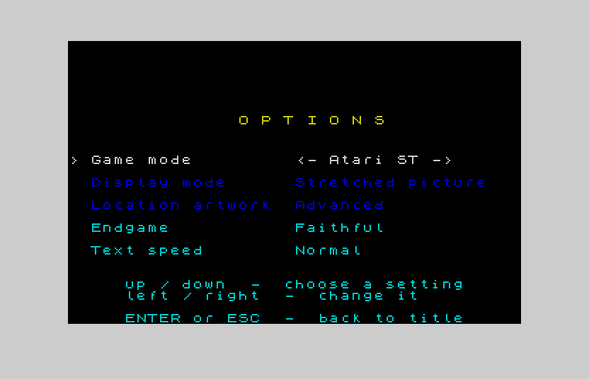 The Options page on the Atari ST: Game mode set to Atari ST, with Display mode and Location artwork fixed for that mode, plus Endgame and Text speed settings, and the up/down, left/right and ENTER/ESC key hints.